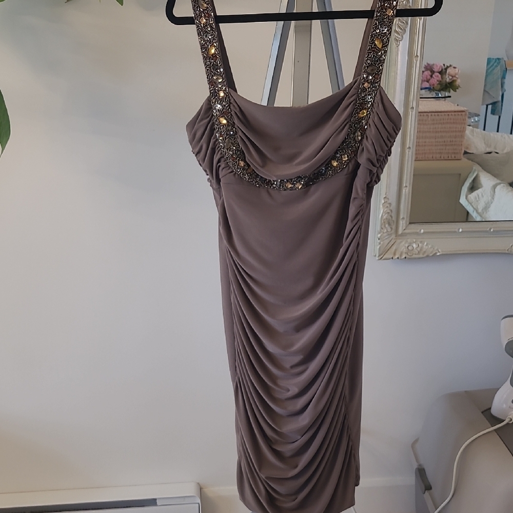 Joseph Ribkoff Taupe Beaded Midi Dress